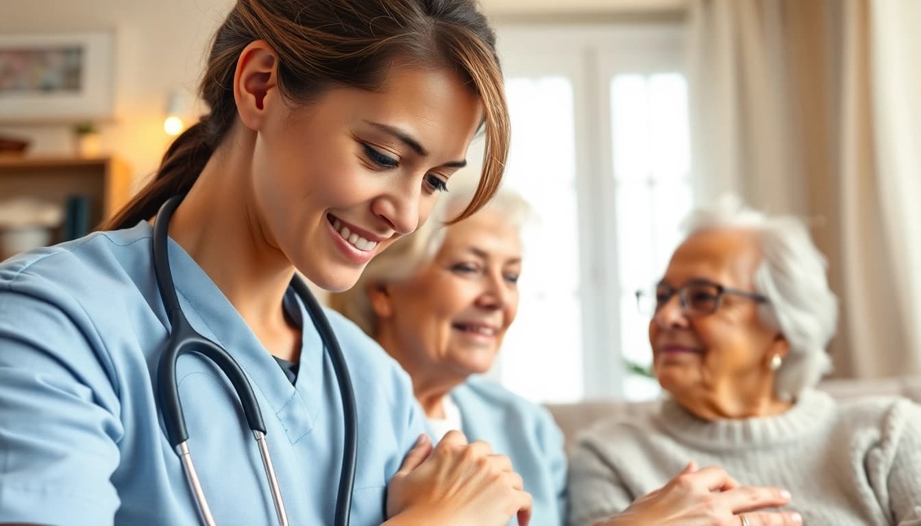 Intensivpflege Frankfurt: Pflegekraft unterstützt Patientin in einem einladenden Zuhause.