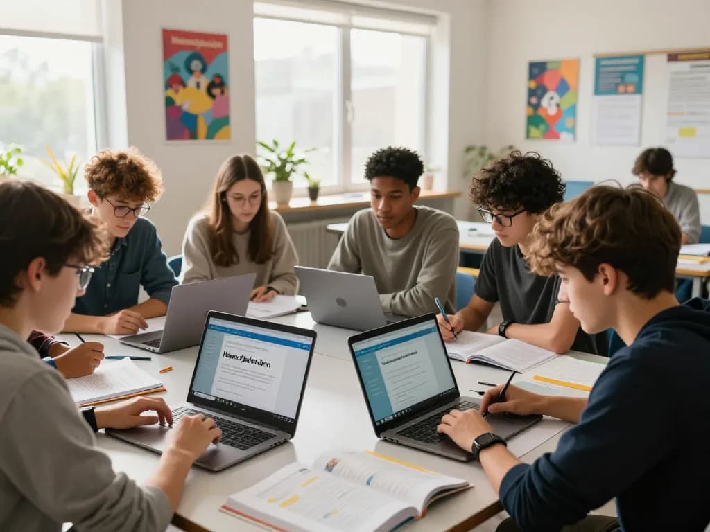 Schüler arbeiten zusammen, um Hausaufgaben mit verschiedenen Bildungswerkzeugen und Apps im Klassenzimmer zu lösen.