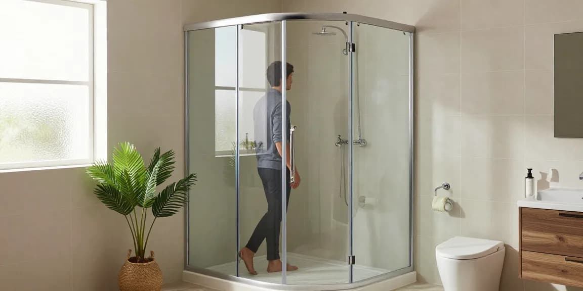 Een stijlvolle douchecabine met schuifdeur in een moderne badkamer, die de ruimte verbetert met elegante ontwerpelementen.