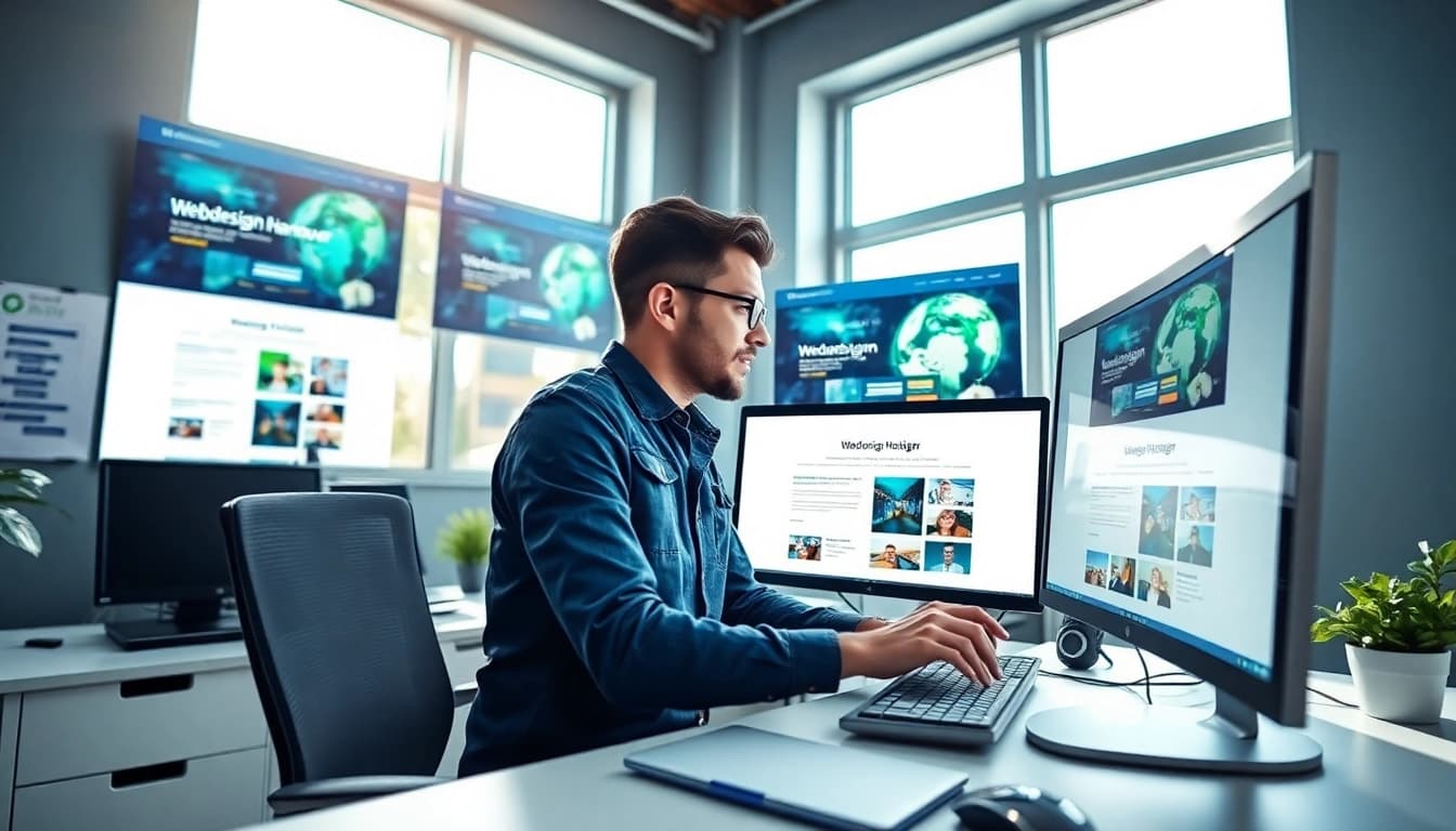 Erstellen von Webdesign Hannover durch einen Designer in einem modernen Büro mit digitalen Mockups.