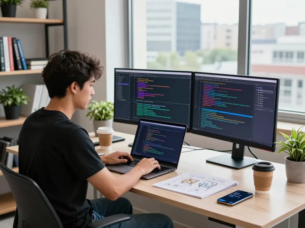 Entwickler konzentriert auf das Programmieren einer benutzerdefinierten Webanwendung, die einen dynamischen technischen Arbeitsplatz für Lösungen zur Erstellung eigener Webanwendungen zeigt.