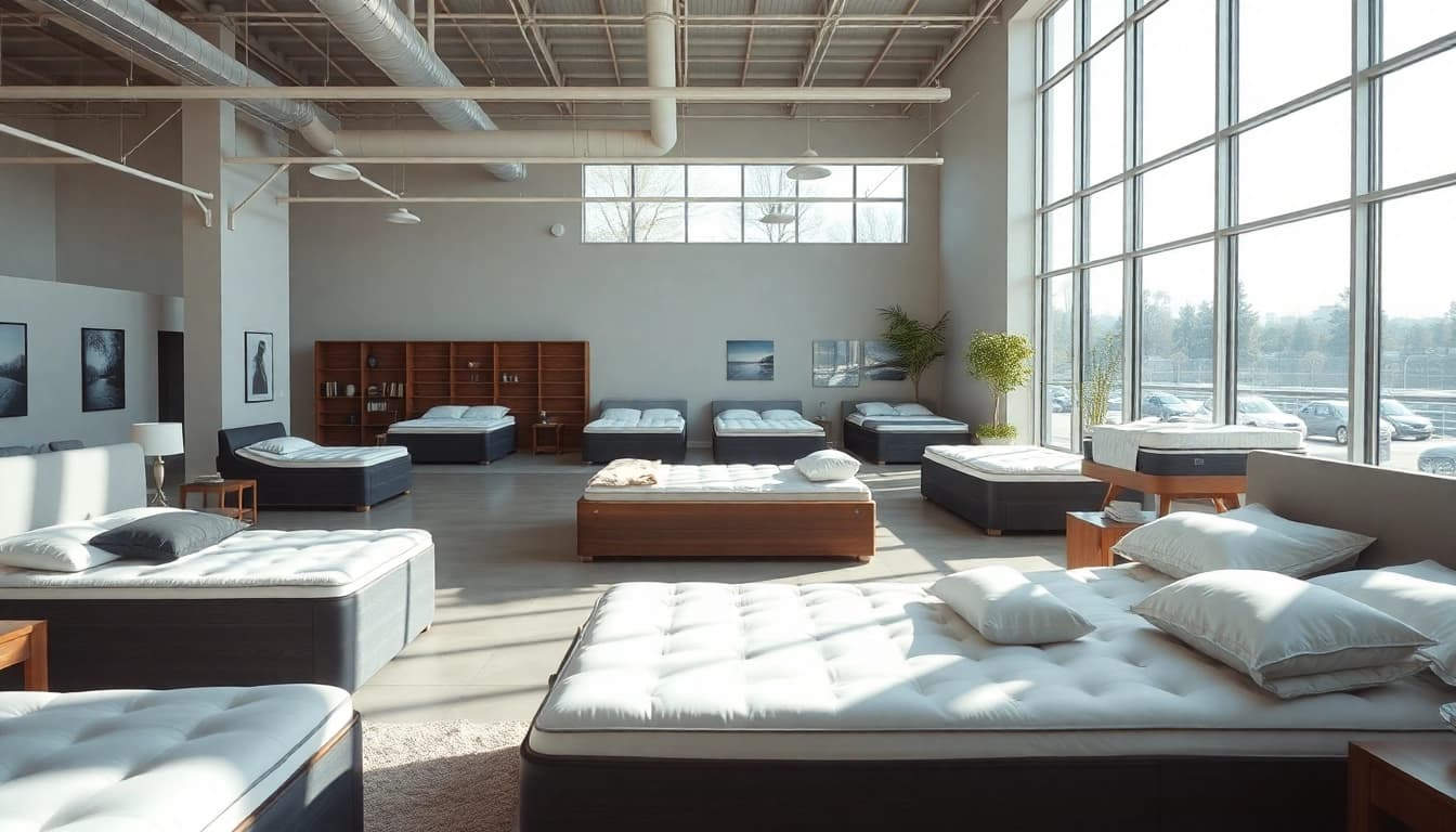 Wasserbett kaufen in einem eleganten Showroom mit verschiedenen Modellen und stilvollen Elementen.