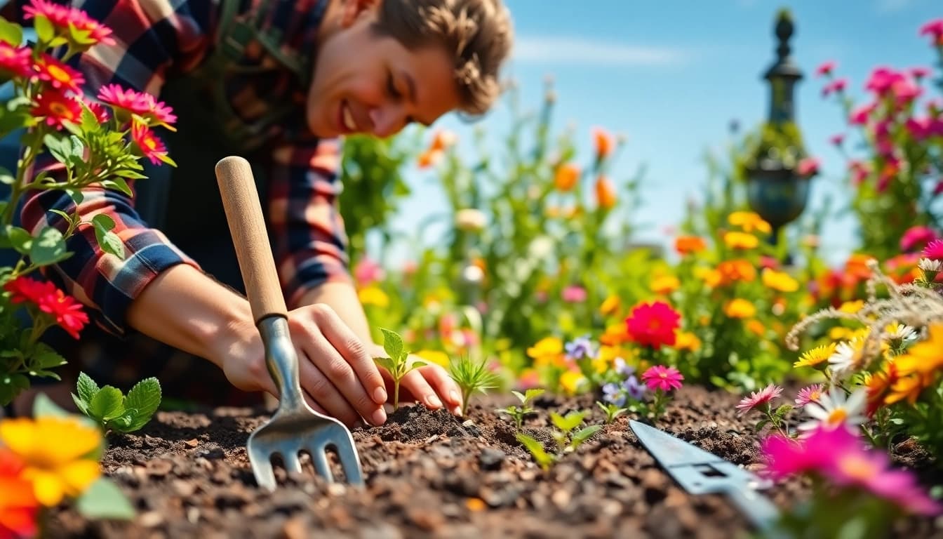Gartenbauer pflegt einen blühenden Garten mit farbenfrohen Blumen und hochwertigem Werkzeug.