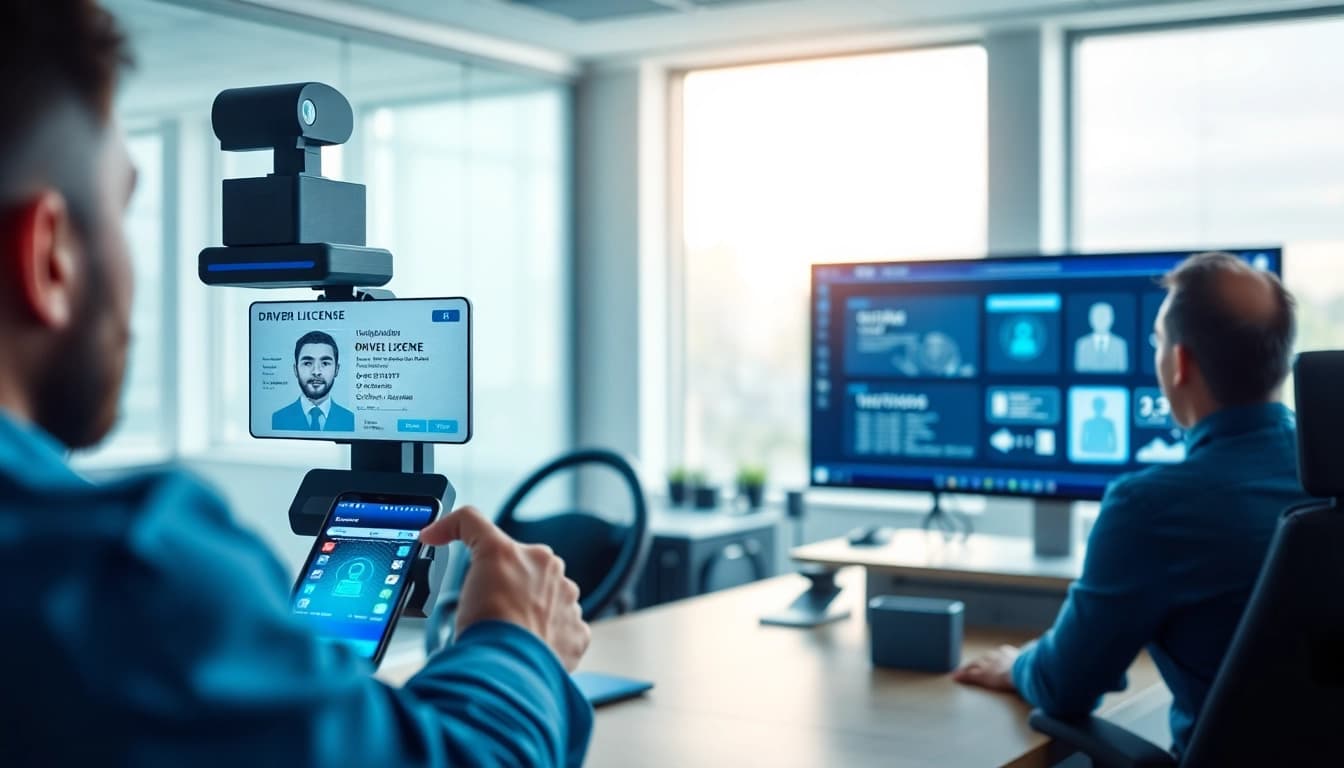 Visualisierung des Prozesses der elektronischen Führerscheinkontrolle mit digitaler Führerschein-Verifizierung in einem modernen Büro.
