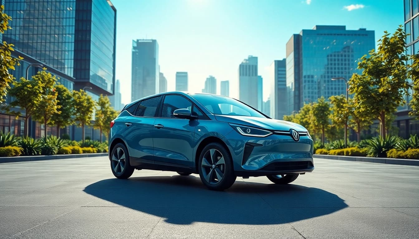 Futuristic Elektroautos in einer nachhaltigen Stadtumgebung mit strahlendem Design.