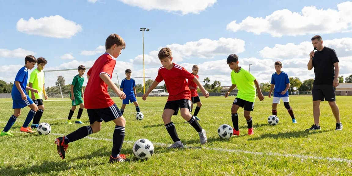 Junge Fußballspieler trainieren mit einem hochwertigen Matchball Fußball auf dem Feld, voller Energie und Teamgeist.