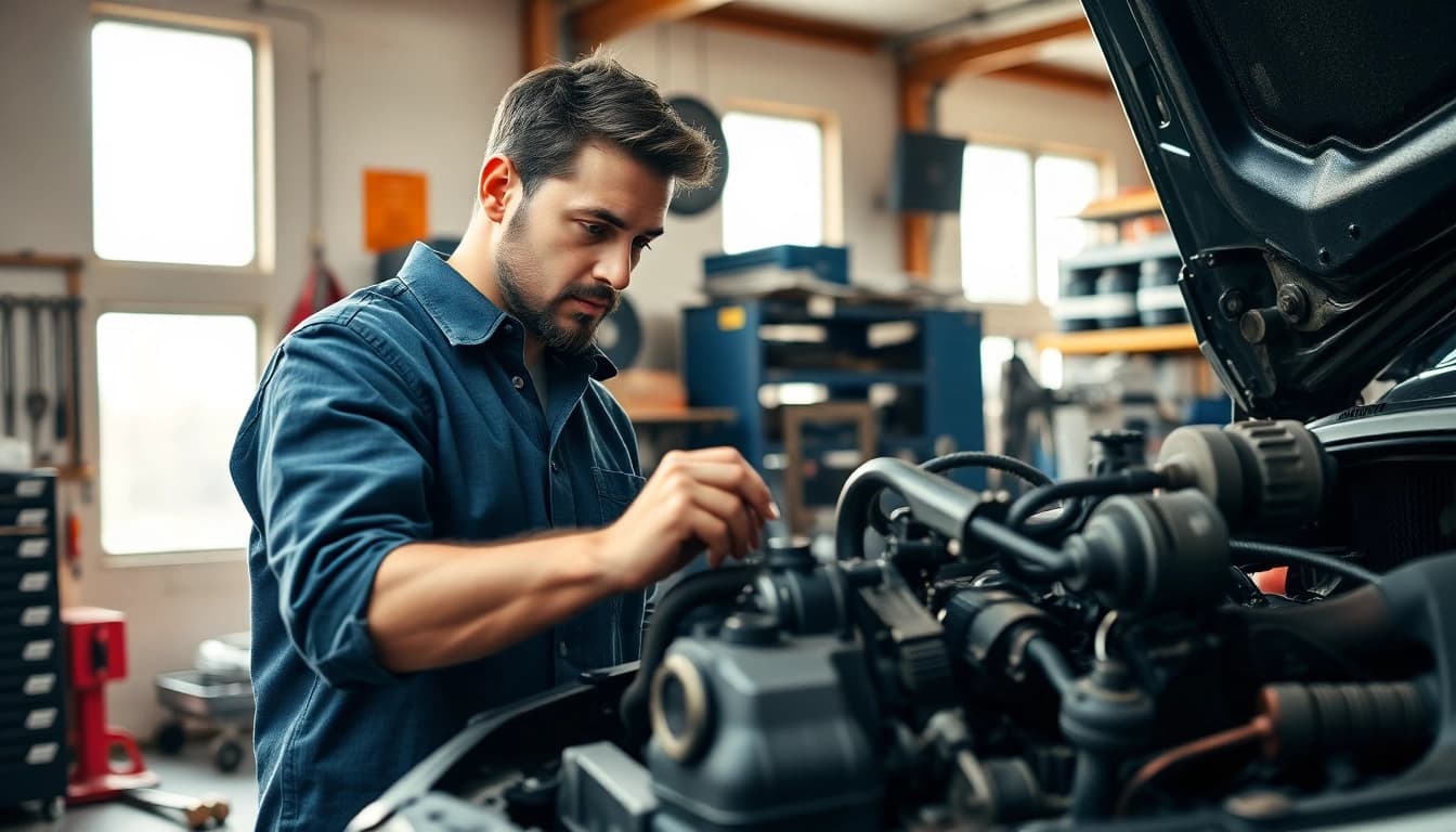 Motorschaden Ankauf: Mechanic inspecting damaged car engine with precision in workshop