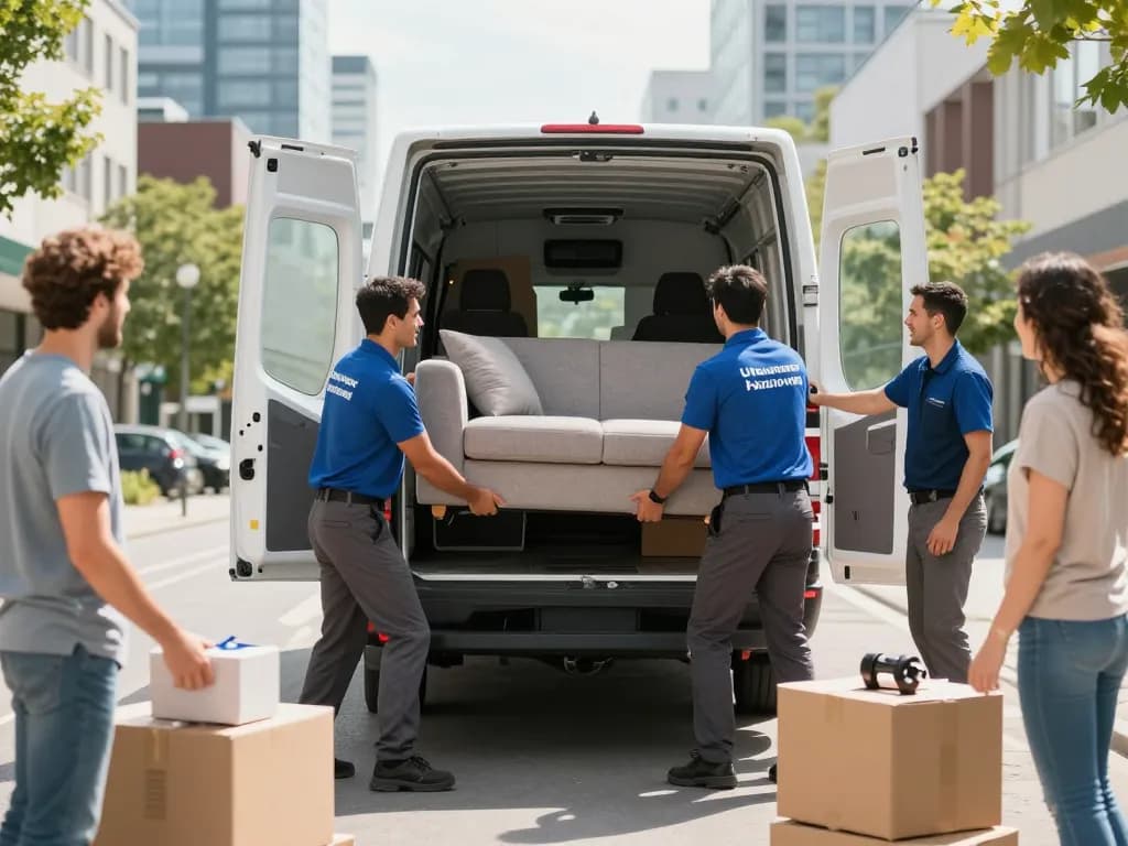 Professionelle Umzugshelfer, die stressfreie Umzugsunternehmen Hannover-Dienste anbieten, heben Möbel mit Sorgfalt und Effizienz.