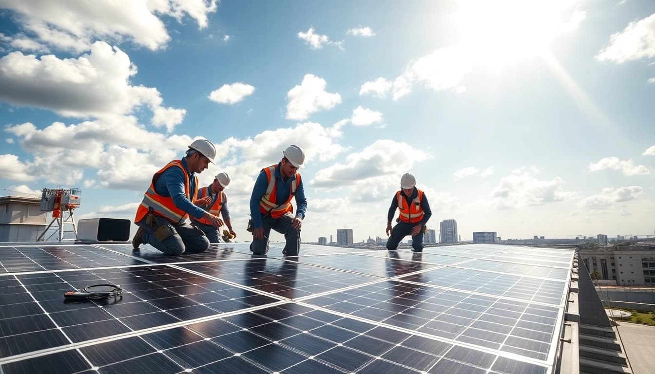 Photovoltaik Leads durch Solarinstallateure, die auf einem modernen Dach arbeiten