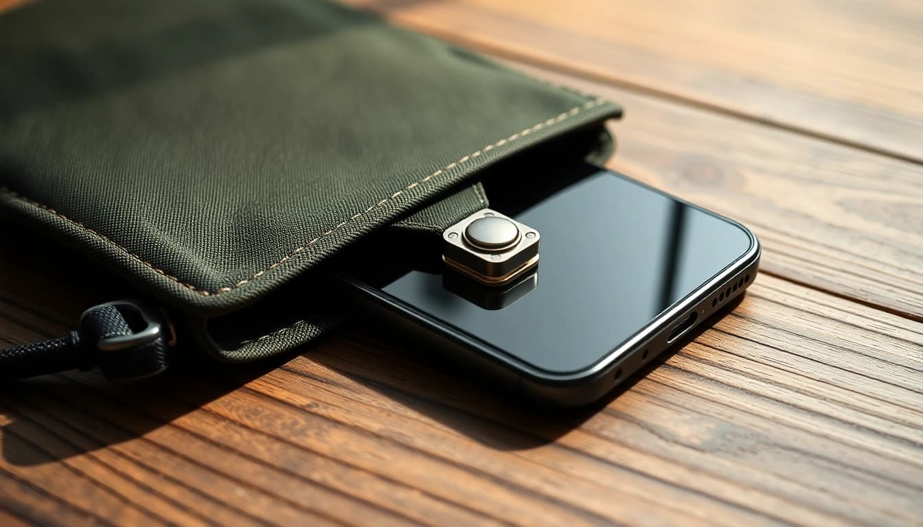 Handy Tasche abschließbar mit elegantem Design auf einem Holztablett, betont Sicherheit und Stil.