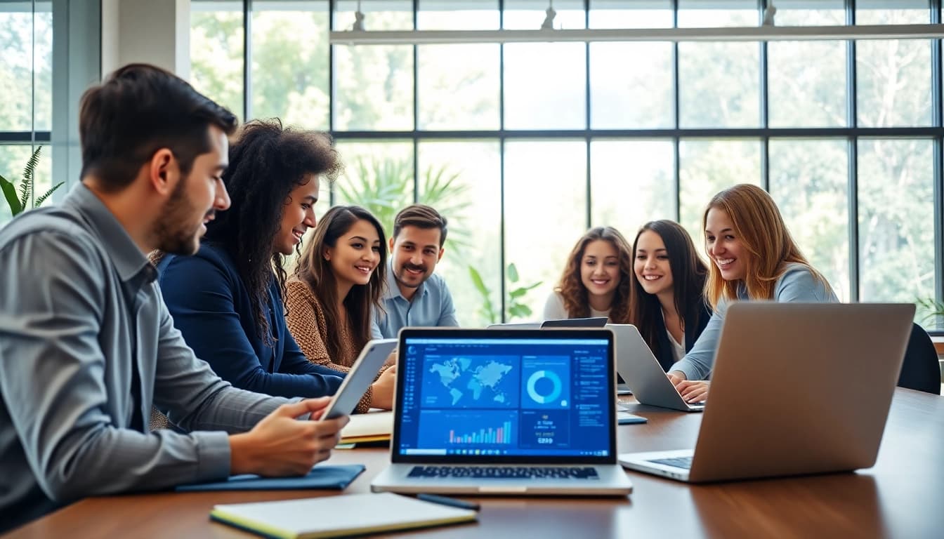 Besprechungsteam bei https://piraminds.com/ in einem modernen Büro, das Ideen austauscht.