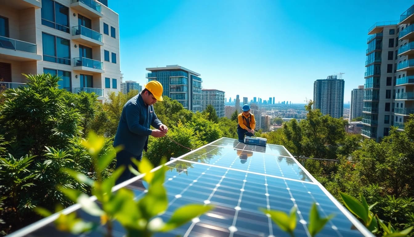Solar Wien installation of modern solar panels in a vibrant urban setting.