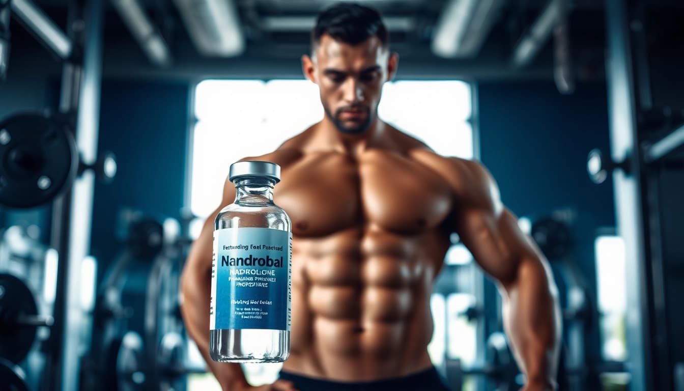 Nandrobal Nadrolone Phenyl Propionate vial showcased with a muscular bodybuilder in a gym setting.