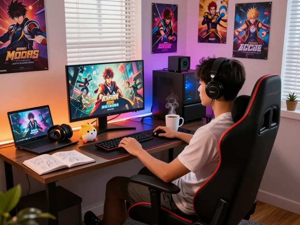 Engaging gamer enjoying a porn game online in a cozy, colorful room with LED lights.