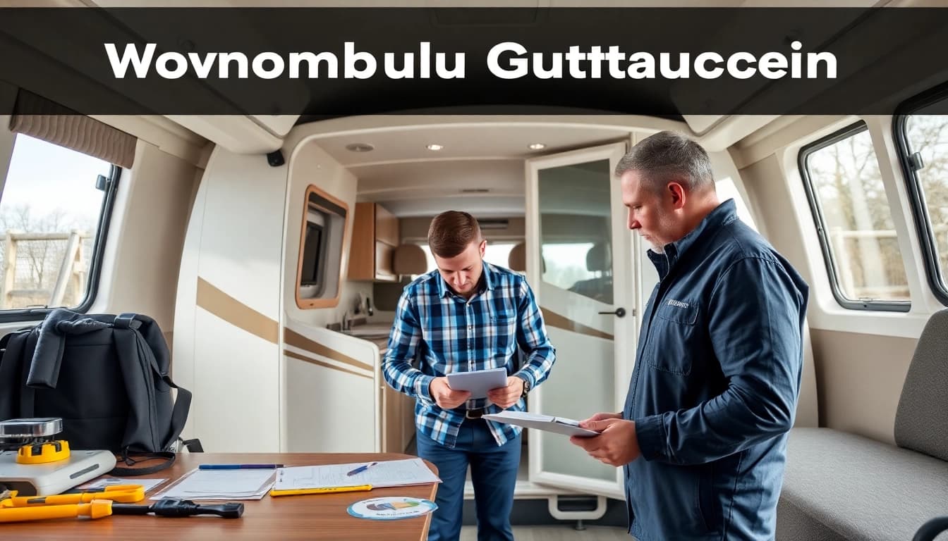 Wohnmobil Gutachten Augsburg einer detaillierten Inspektion in einem modernen Büro.