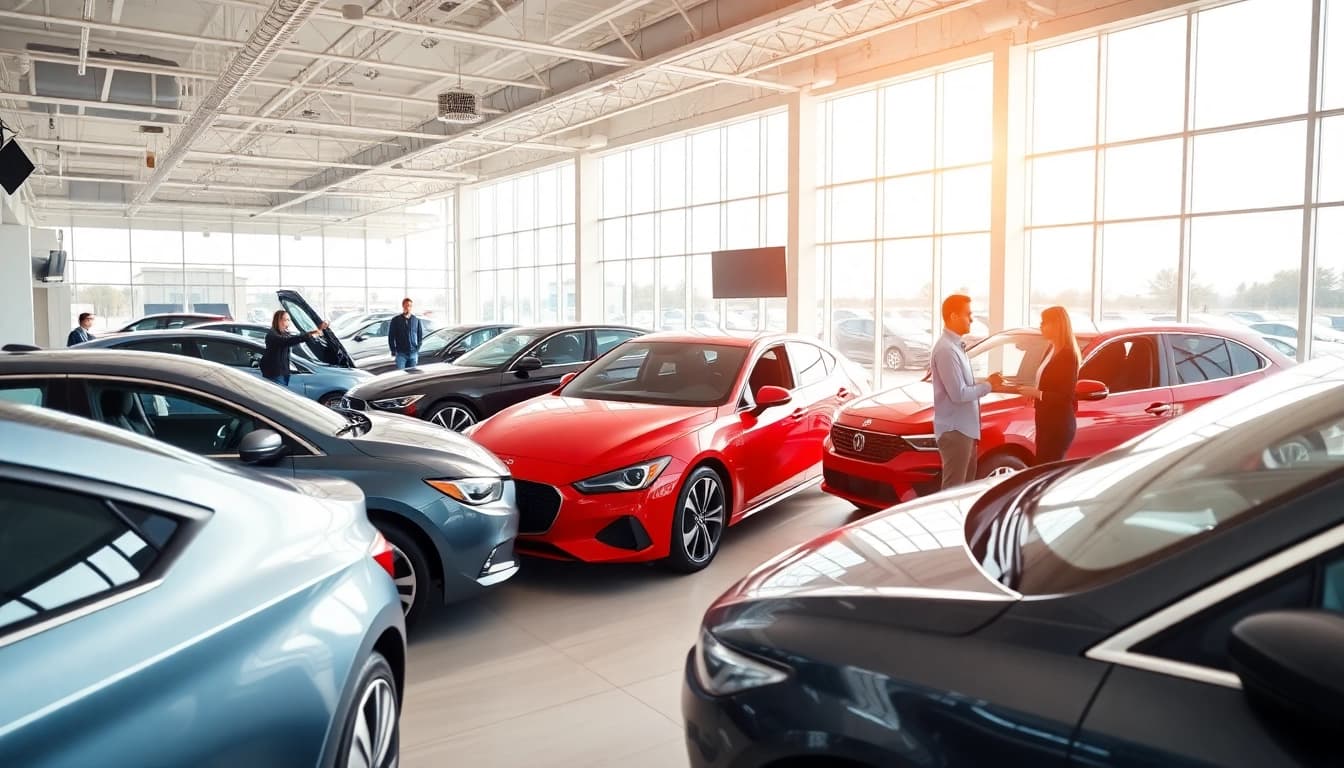 Auto kaufen in einem modernen Autohaus mit glücklichen Kunden und vielfältigen Fahrzeugmodellen.