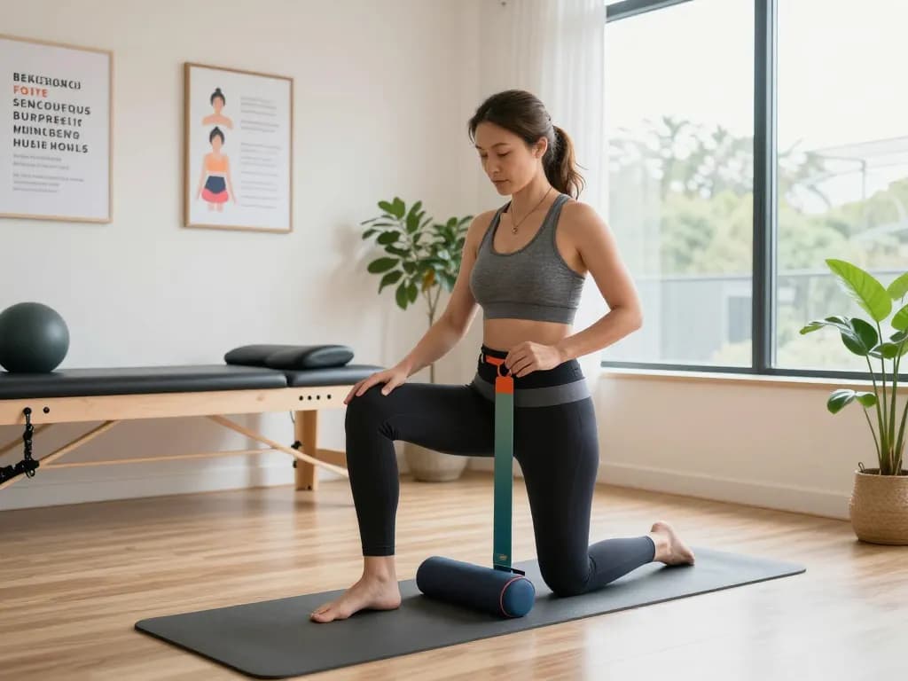 Woman using Beckenbodenmuskeltrainer for pelvic floor therapy at https://pelvi-care.de/ in a bright studio setting.