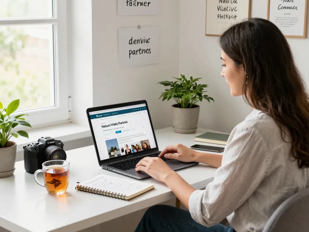Natura Vitalis Partner werden mit einer motivierten Person, die von einem hellen Homeoffice aus arbeitet und an Online-Meetings teilnimmt.
