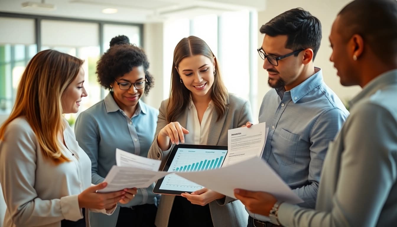 Versicherungsvergleich durcheine Gruppe von Fachleuten in einem modernen Büro analysiert.