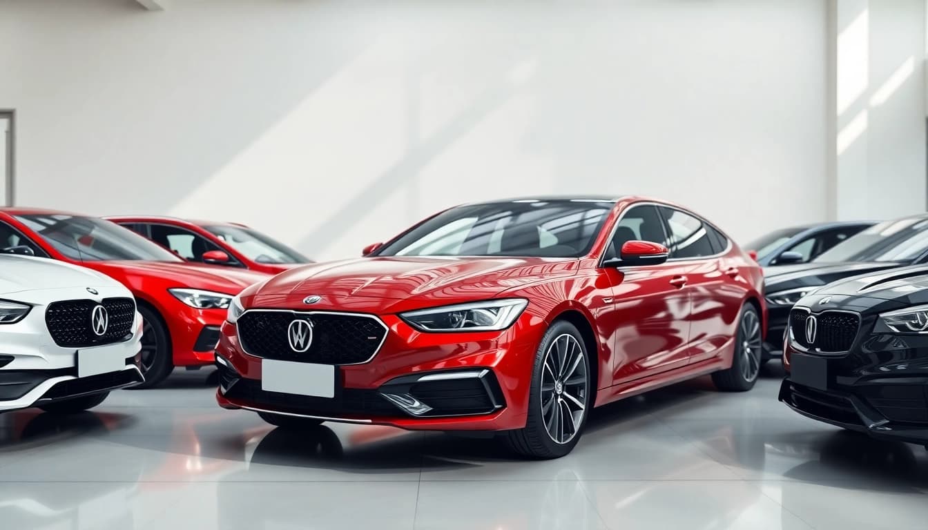 Auto kaufen in einer modernen Autoshow. Vielfältige Fahrzeugauswahl im Vordergrund.