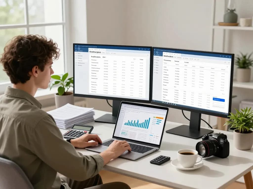 Kreditvergleich auf einem Laptop in einem modernen Homeoffice, der verschiedene Kreditoptionen und Finanzdokumente zeigt.