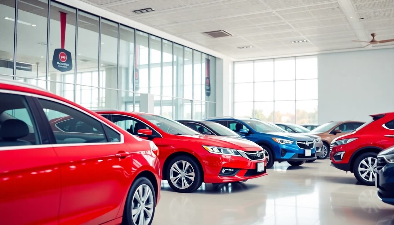Auto kaufen: Vielfältige Fahrzeugauswahl in modernem Showroom mit lebendigen Farben.