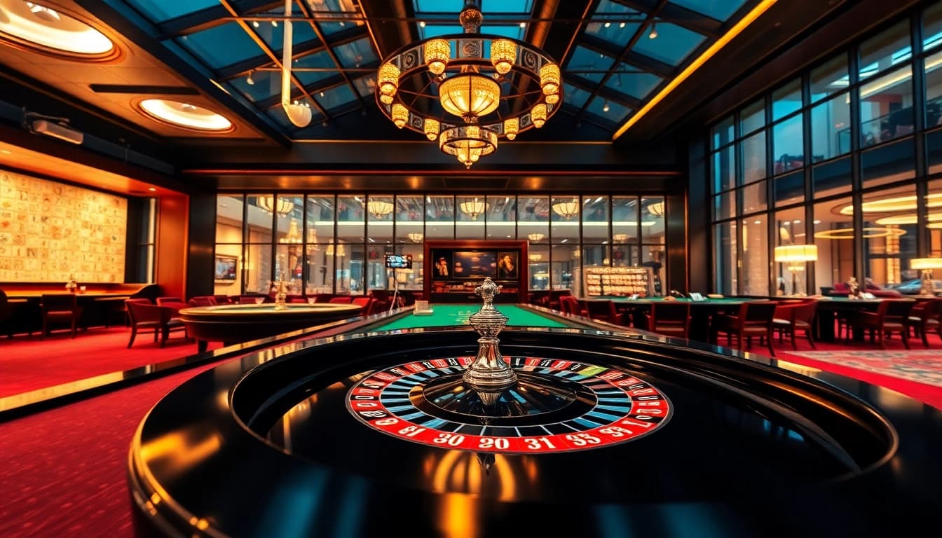 Spiele mit einem Casino Bonus ohne Einzahlung am Roulette-Tisch in einem glamourösen Casino.