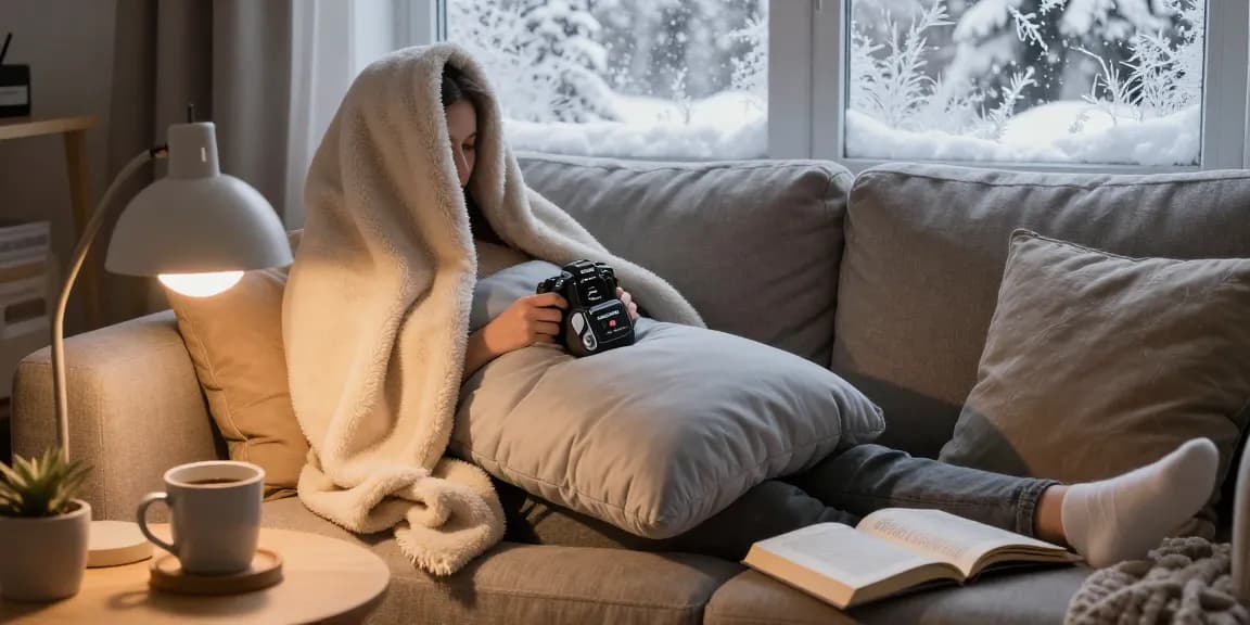 Warmy Wärmekissen mit Akku bietet gemütlichen Komfort in einem Winter-Wohnzimmer.