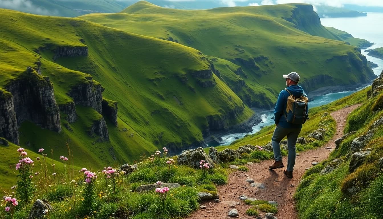 Irland wandern auf einem malerischen Wanderweg mit einer atemberaubenden Landschaft.