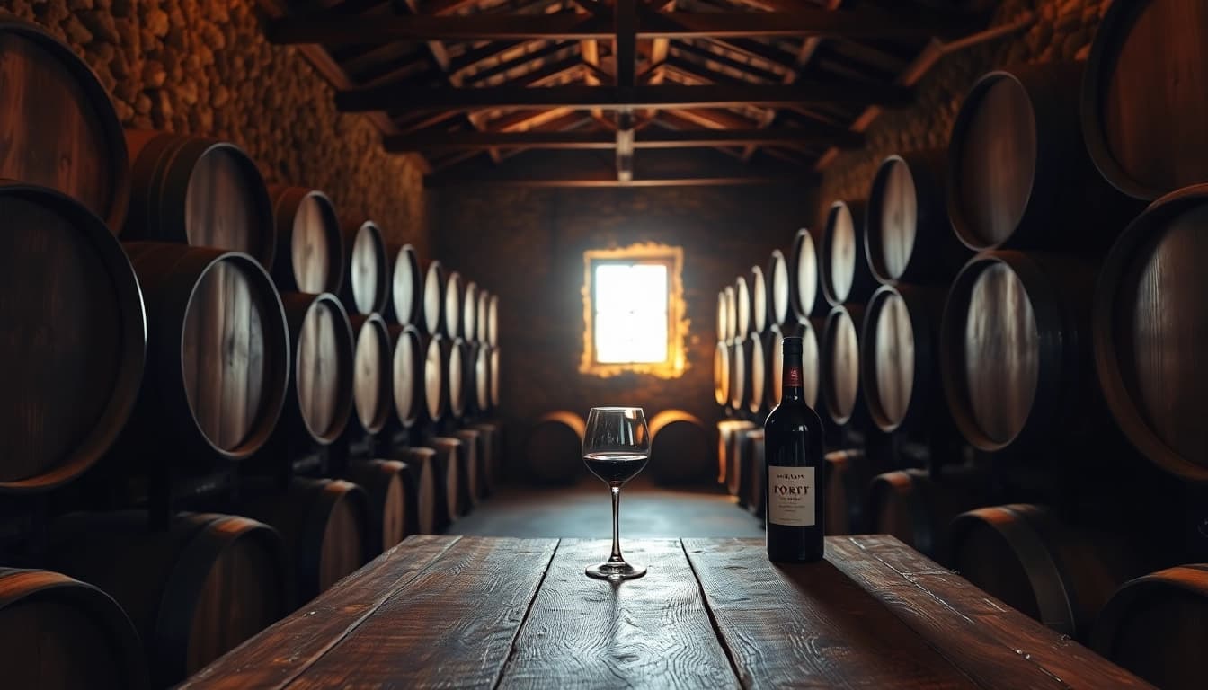 Portweinkeller Porto mit Fässern und einem klassischen Weinglas bereit zum Genießen