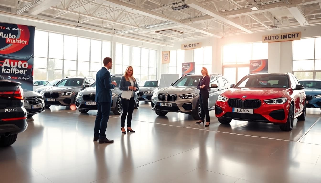 Auto kaufen in einer modernen Autohandlung mit freundlichem Verkaufspersonal.