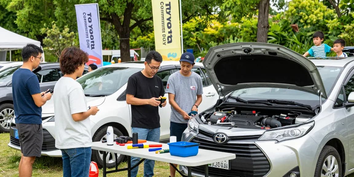 Gemeinschaftstreffen von Toyota-Besitzern, die über Fahrzeugwartung sprechen und Autopflege-Tipps in einem sonnigen Park austauschen.
