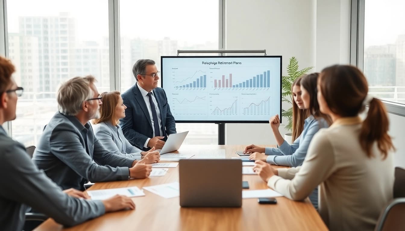 Beratung zur Rentenlücke schließen mit einem Finanzexperten, Grafiken auf dem Bildschirm.