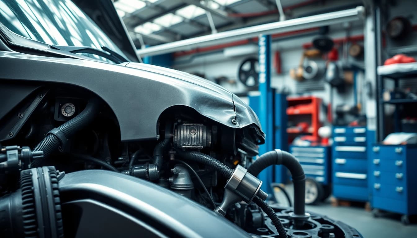 Motorschaden Ankauf – damaged car engine in a repair shop highlighting repair opportunities.