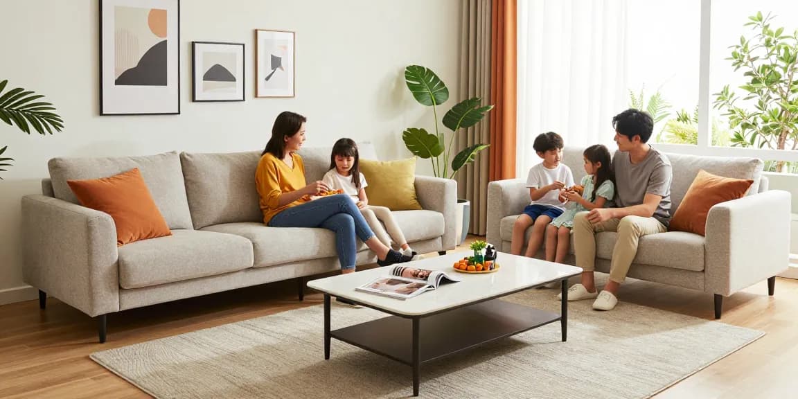 Familie, die gemeinsame Zeit in einem stilvollen Wohnzimmer genießt, das Möbel Deutschland online kaufen hervorhebt.