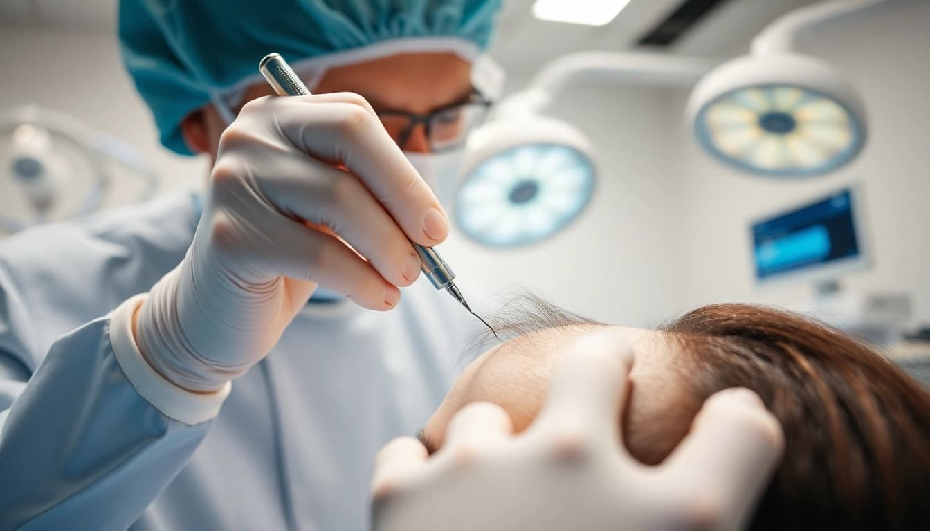 Erfahrene Fachkraft in einer haartransplantation türkei, die präzise am Kopf eines Klienten arbeitet.