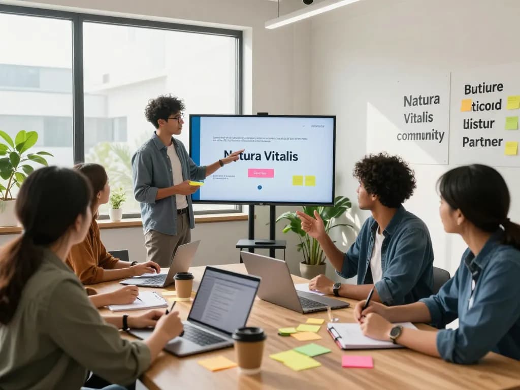 Natura Vitalis Partner werden in a collaborative office brainstorming session with diverse individuals engaging in discussions.