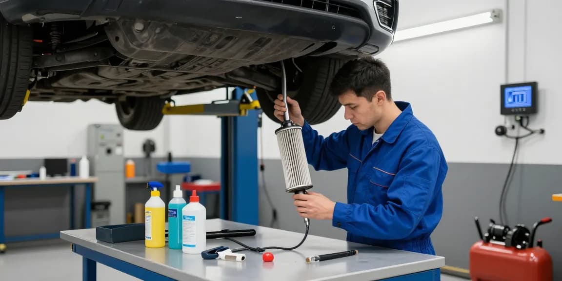 Techniker reinigt DPF in professioneller Werkstatt, DPF reinigen optimiert Fahrzeugleistung.