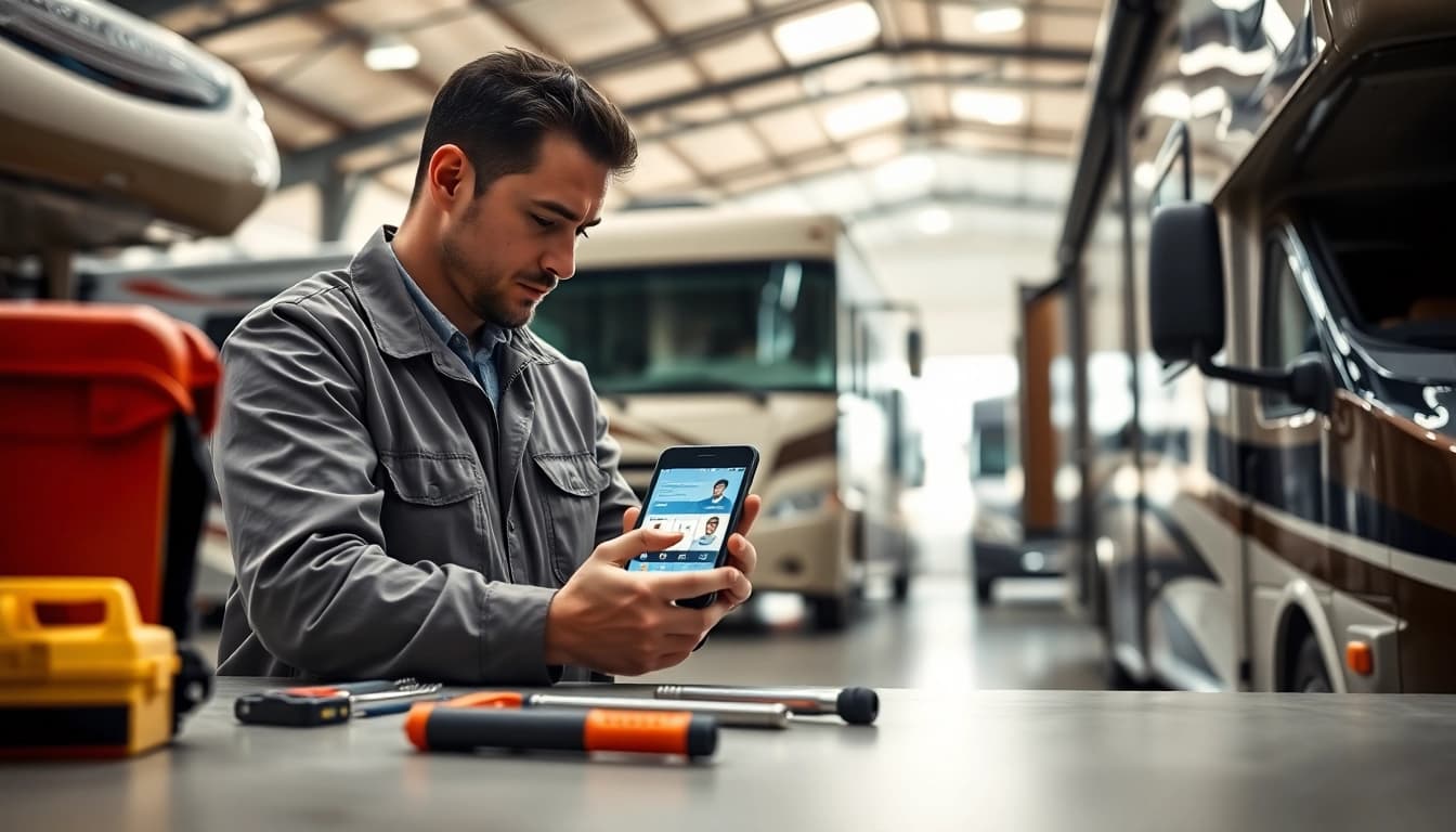 Wohnmobil Gutachten Augsburg – Ein Techniker inspiziert sorgfältig ein Wohnmobil.