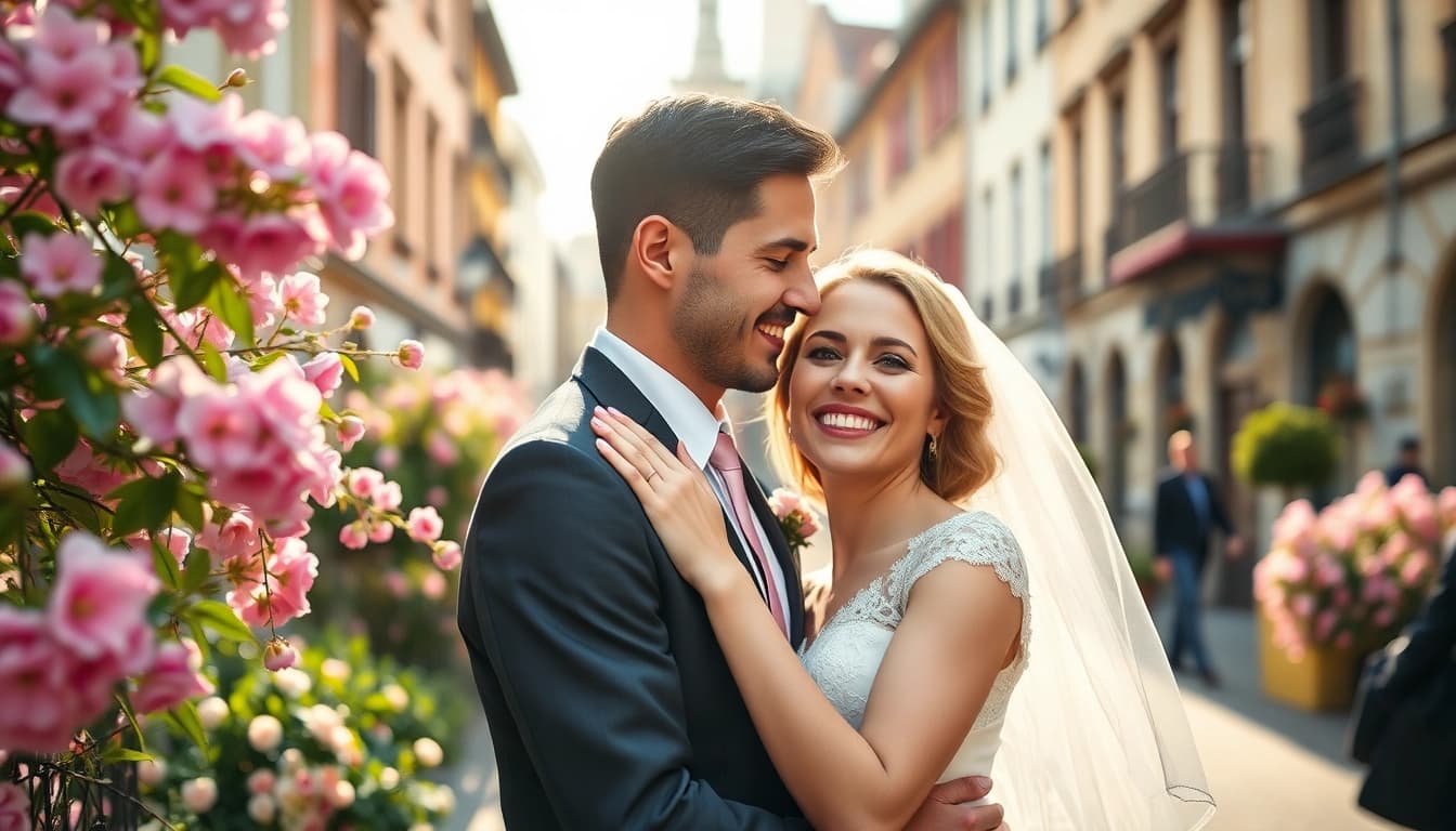 Hochzeitsfotograf München dokumentiert ein lächelndes Paar in einer romantischen Umgebung.