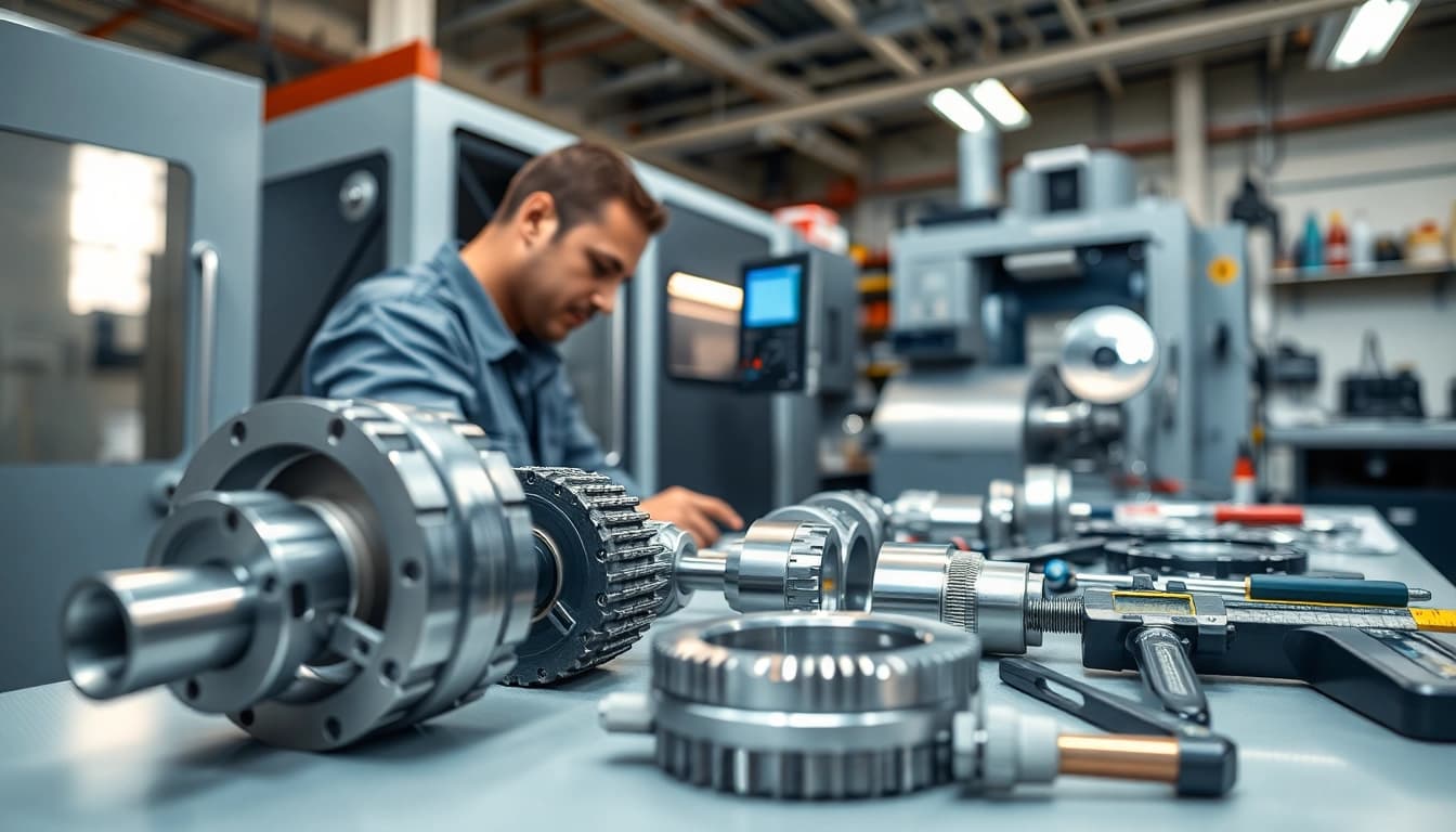 Drehteile werden präzise in einer CNC-Werkstatt gefertigt mit einem Techniker am Werk.