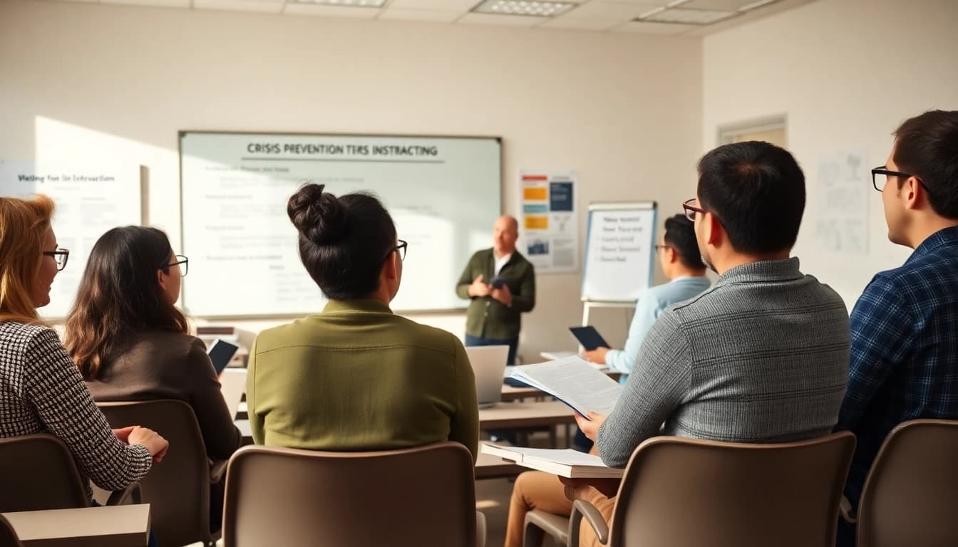 Kriseninterventionsausbildung mit einem engagierten Trainer in einem hellen Klassenzimmer.