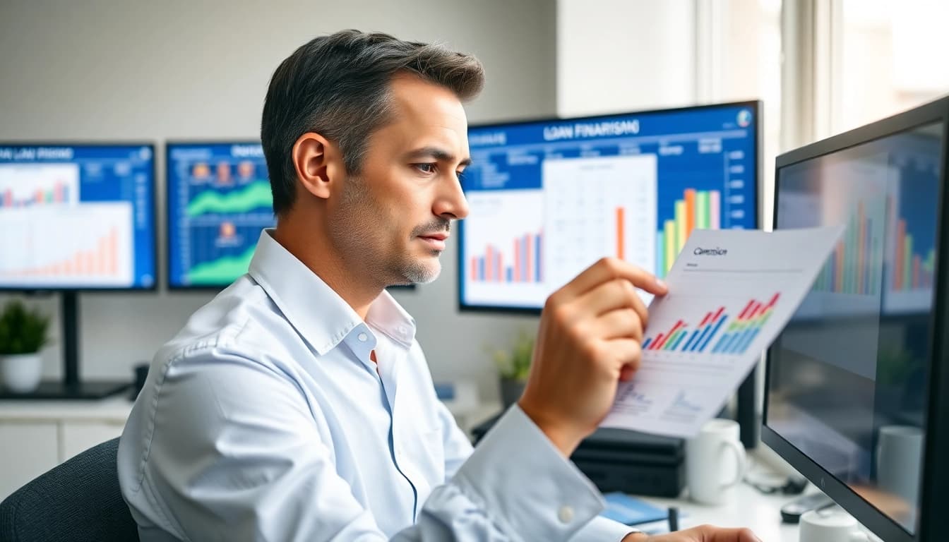 Kreditvergleich Übersicht mit Finanzberatung und Diagrammen in modernem Büro.