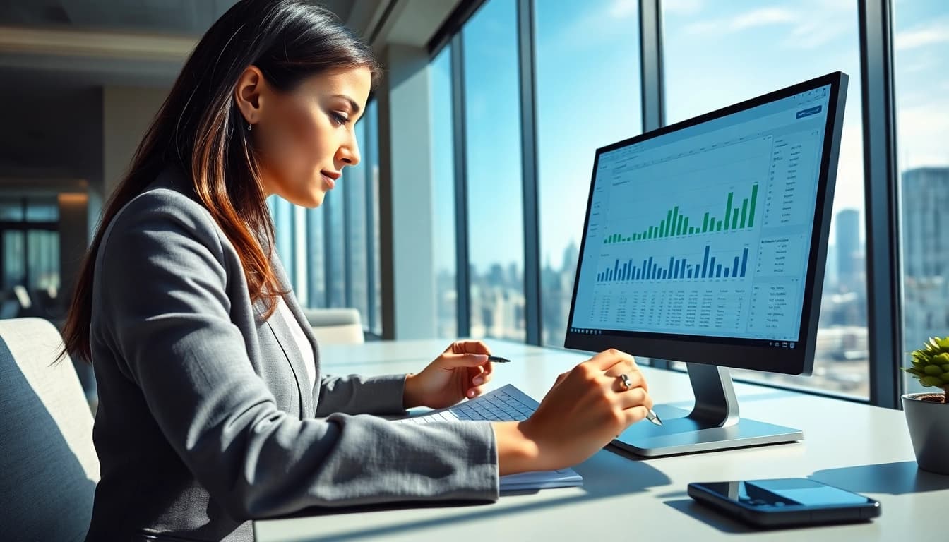 Analysiere litbuy sheet auf einem modernen Schreibtisch mit Blick auf die Stadt.