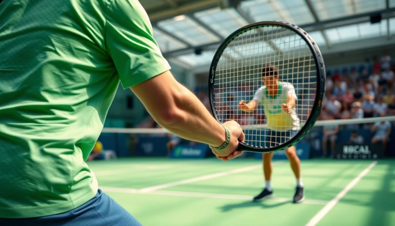 Padel schläger in Aktion von einem Spieler auf dem Platz, dynamisch und engagiert.