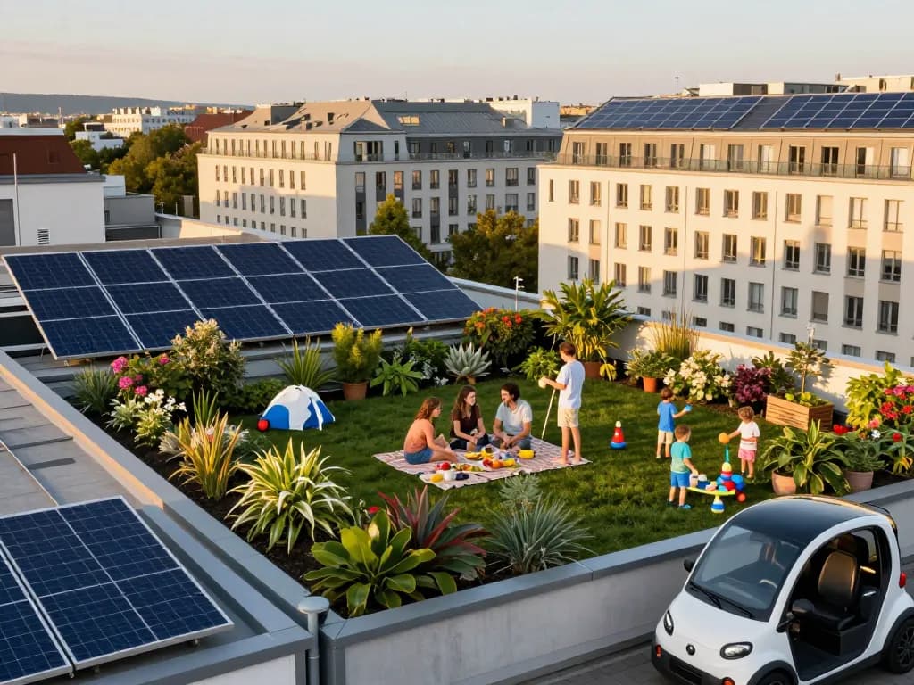 Familie genießt die Vorteile der Solarenergie vor der lebhaften Skyline Wiens mit Solarpanelen.