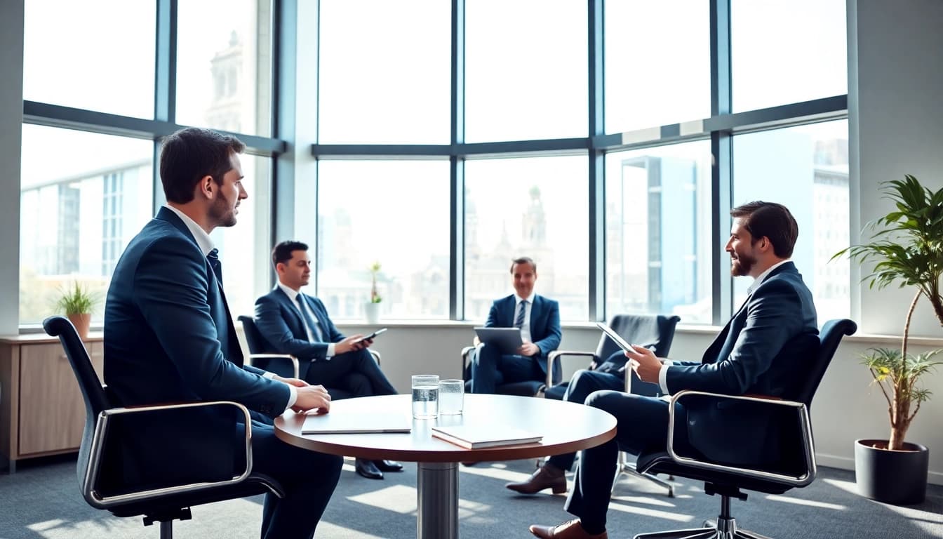 Unternehmensberatung in einem modernen Büro, bei einem strategischen Meeting zwischen Beratern und Klienten.
