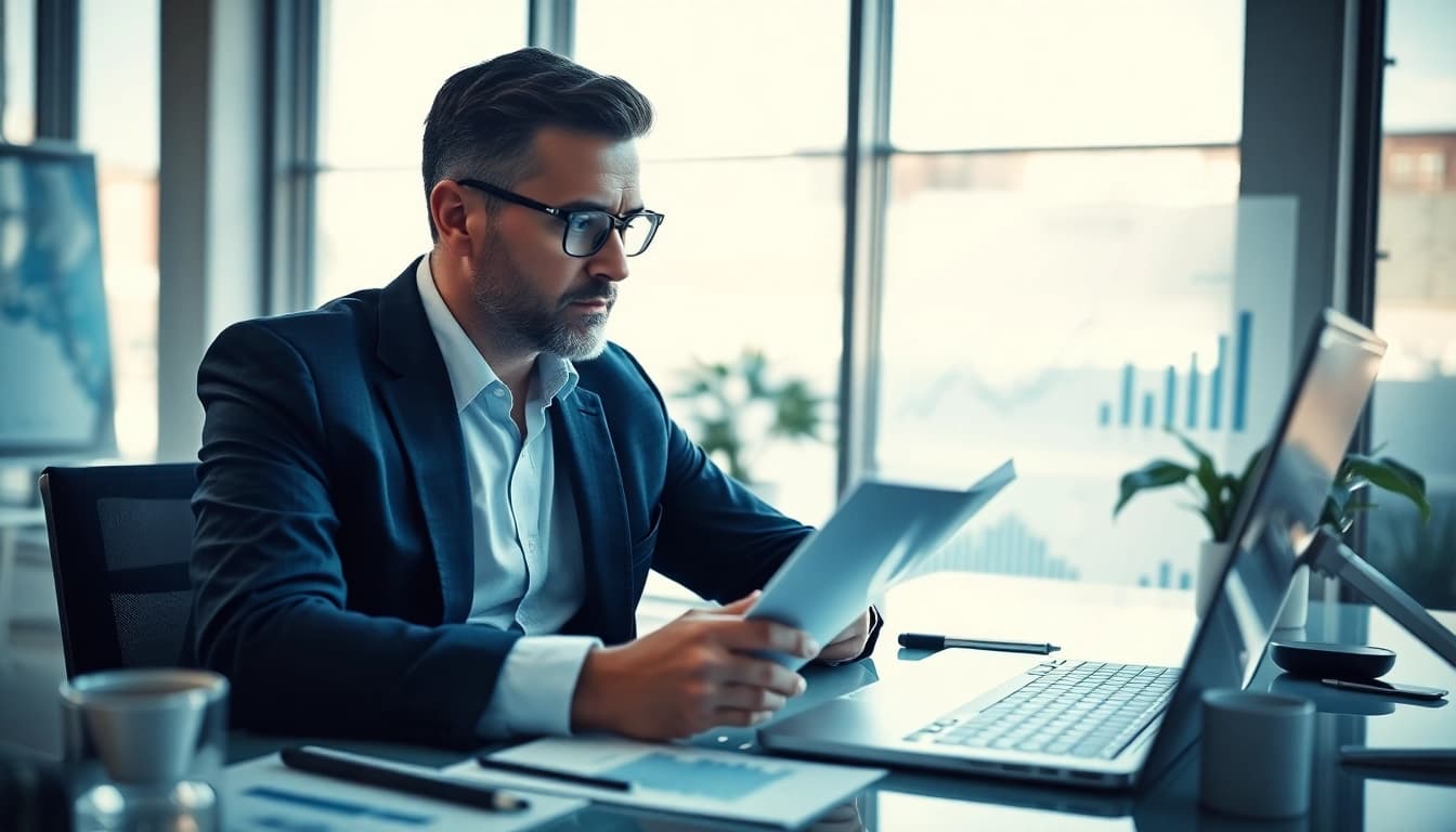Indexfonds Analyse durch einen Finanzberater am modernen Schreibtisch.