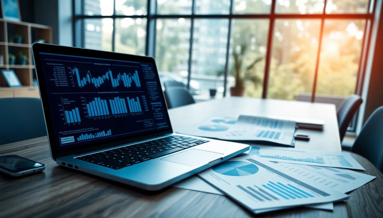 Finanzanalyse auf einem Schreibtisch mit Diagrammen und Grafiken, die die Analyse verdeutlichen.