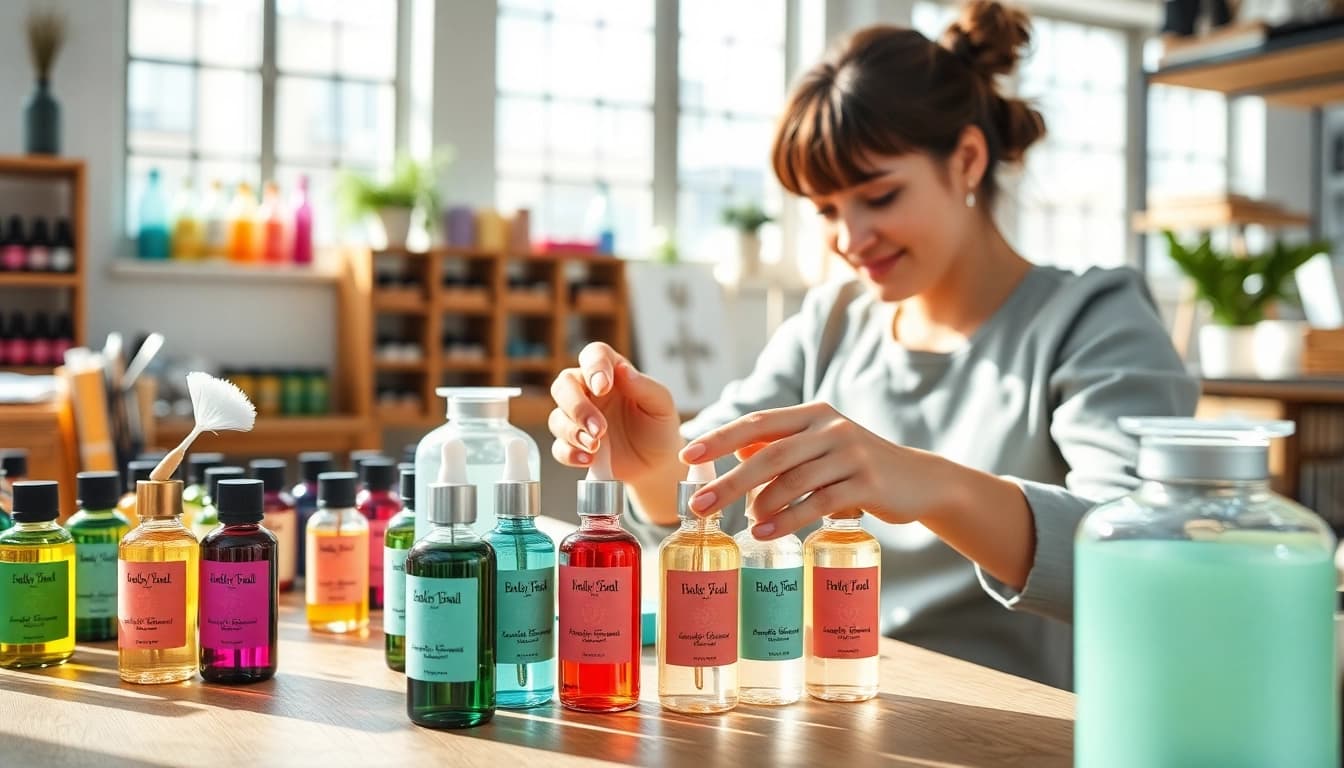 Duftbäume personalisieren in einer modernen Werkstatt, mit leuchtenden Farben und kreativen Optionen.